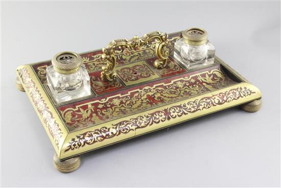 A 19th century French red boulle work double inkstand, 16 x 12in.